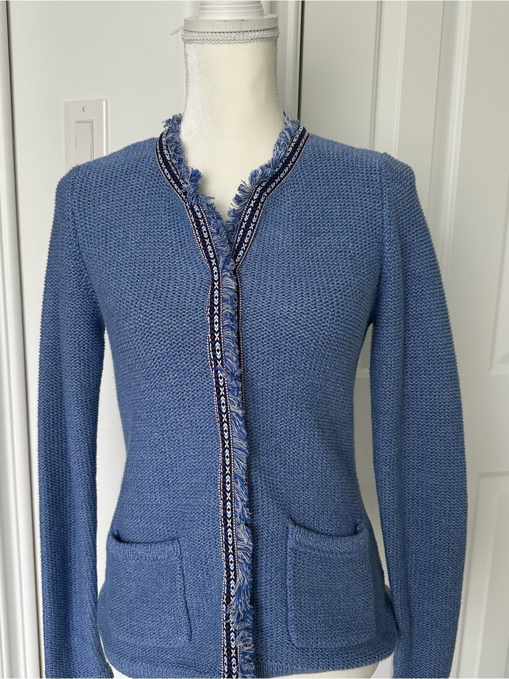 J. McLaughlin Blue Fringe-Trim Knit Blazer